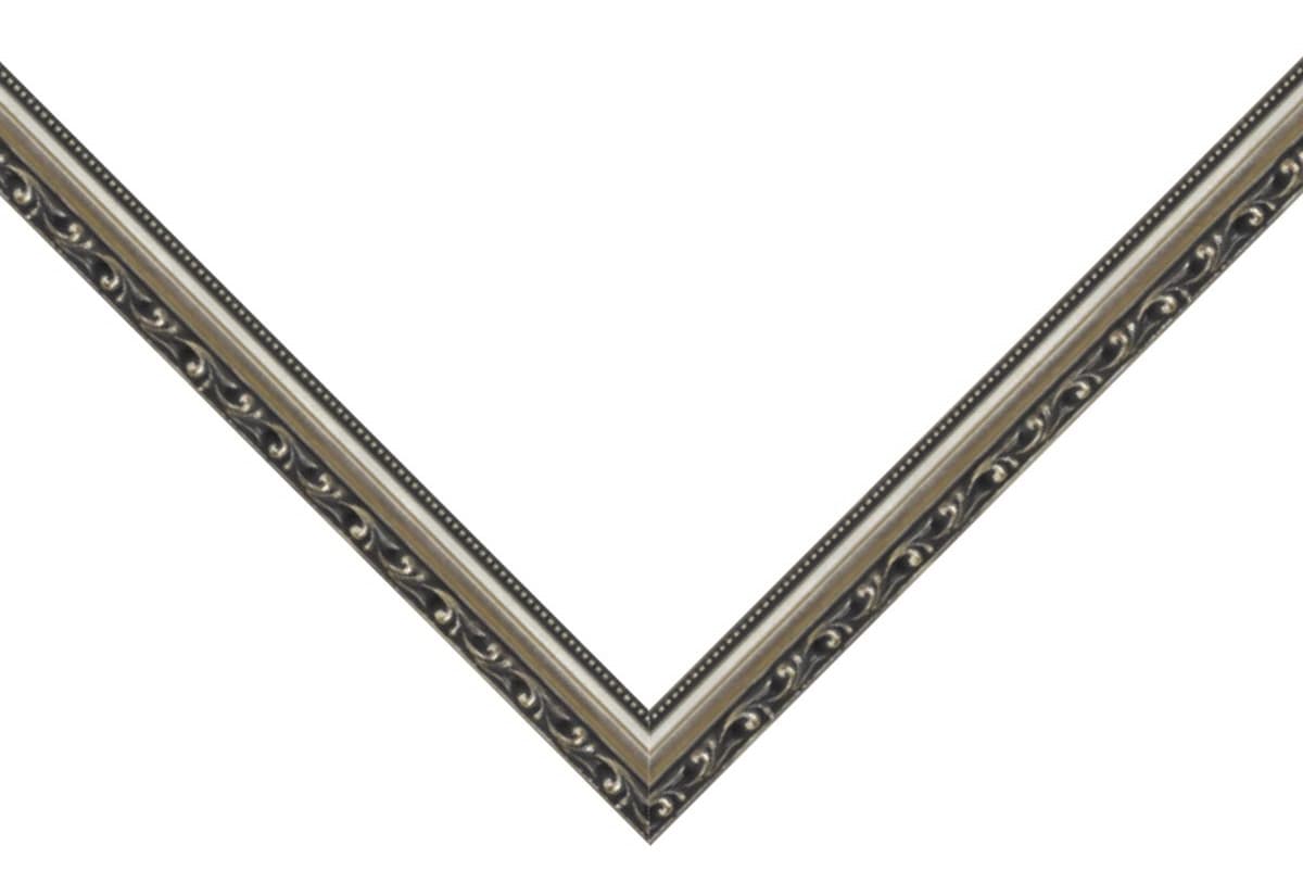 Museum Silver Picture Frame corner detail showing ornate silver profile with antique decorative scrollwork channel in elegant 1.125 inch design