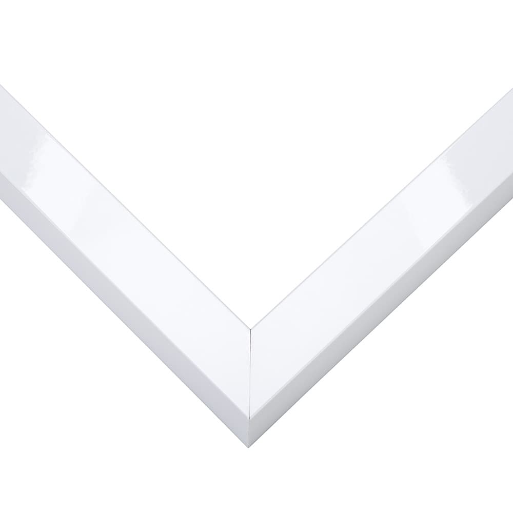 Gloss White Medium Depth corner detail showing precision mitered joint with brilliant white finish and 1 inch moulding width with 1.5 inch usable depth perfect for elegant shadowbox displays