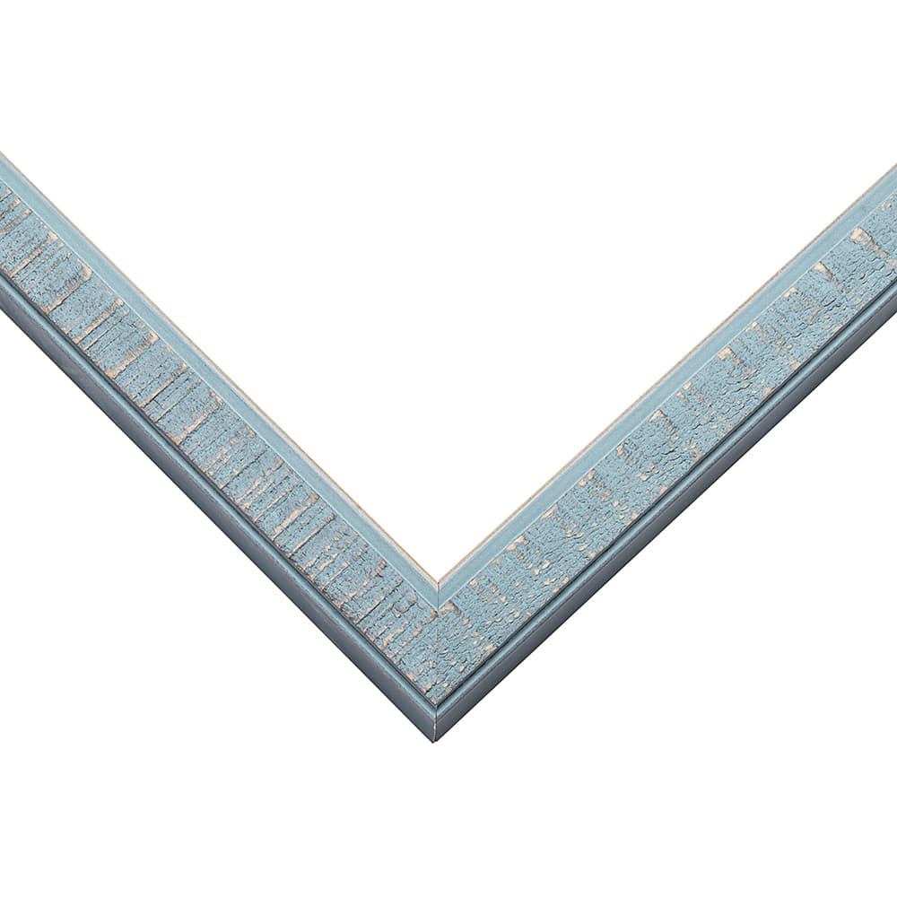 Modern Blue Picture Frame corner detail showing distressed blue finish with natural wood showing through in slim 0.75 inch contemporary profile