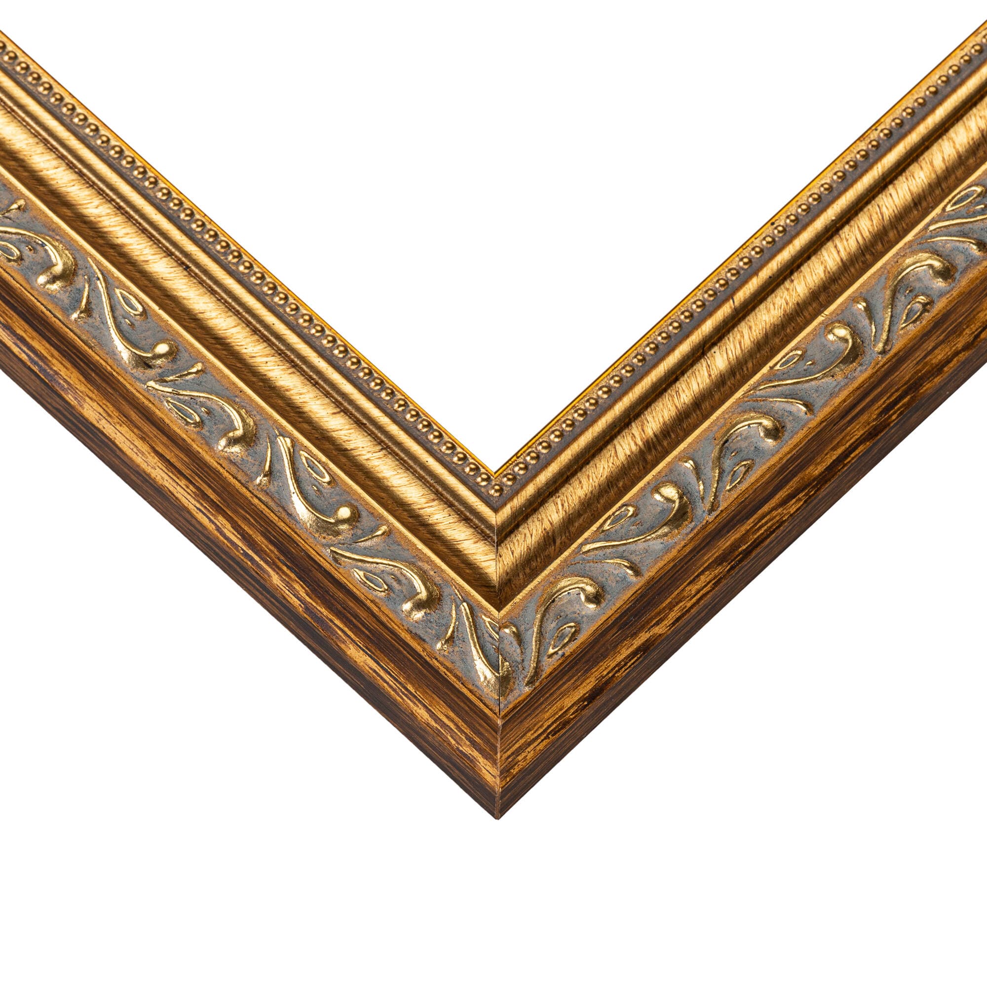 Museum Bronze picture frame corner detail showing ornate hand-carved scrollwork pattern with rich gold finish and precision mitered joint craftsmanship