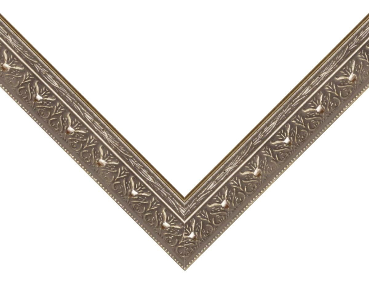 Wide Museum Silver Picture Frame corner detail showing ornate champagne silver finish with decorative leaf pattern in museum-grade 2.5 inch profile