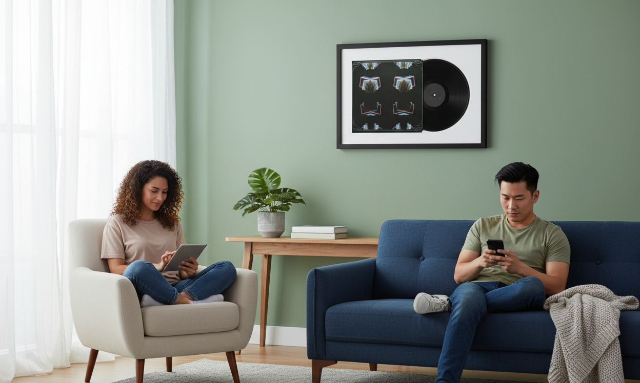 Textile pinned into shadowbox interior with UV glazing reflecting soft window light